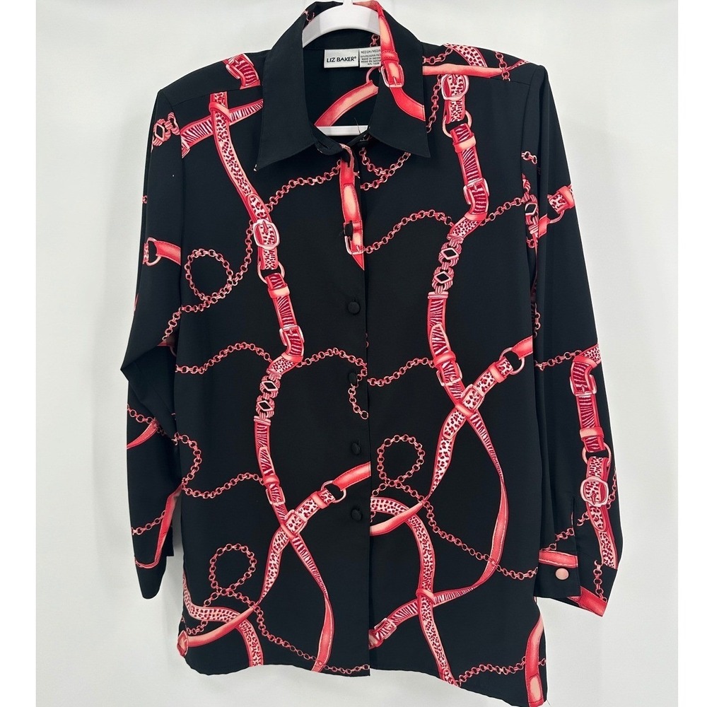 Womens Equestrian Chain Print Top Size M Oversized Bold Preppy Maximalist Office